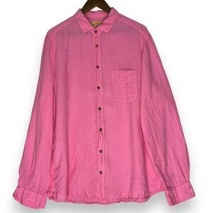 Havacoa Blouse Button Up Collared 100% Linen Pink Barbie Pocket Front‎  XXXL 3X